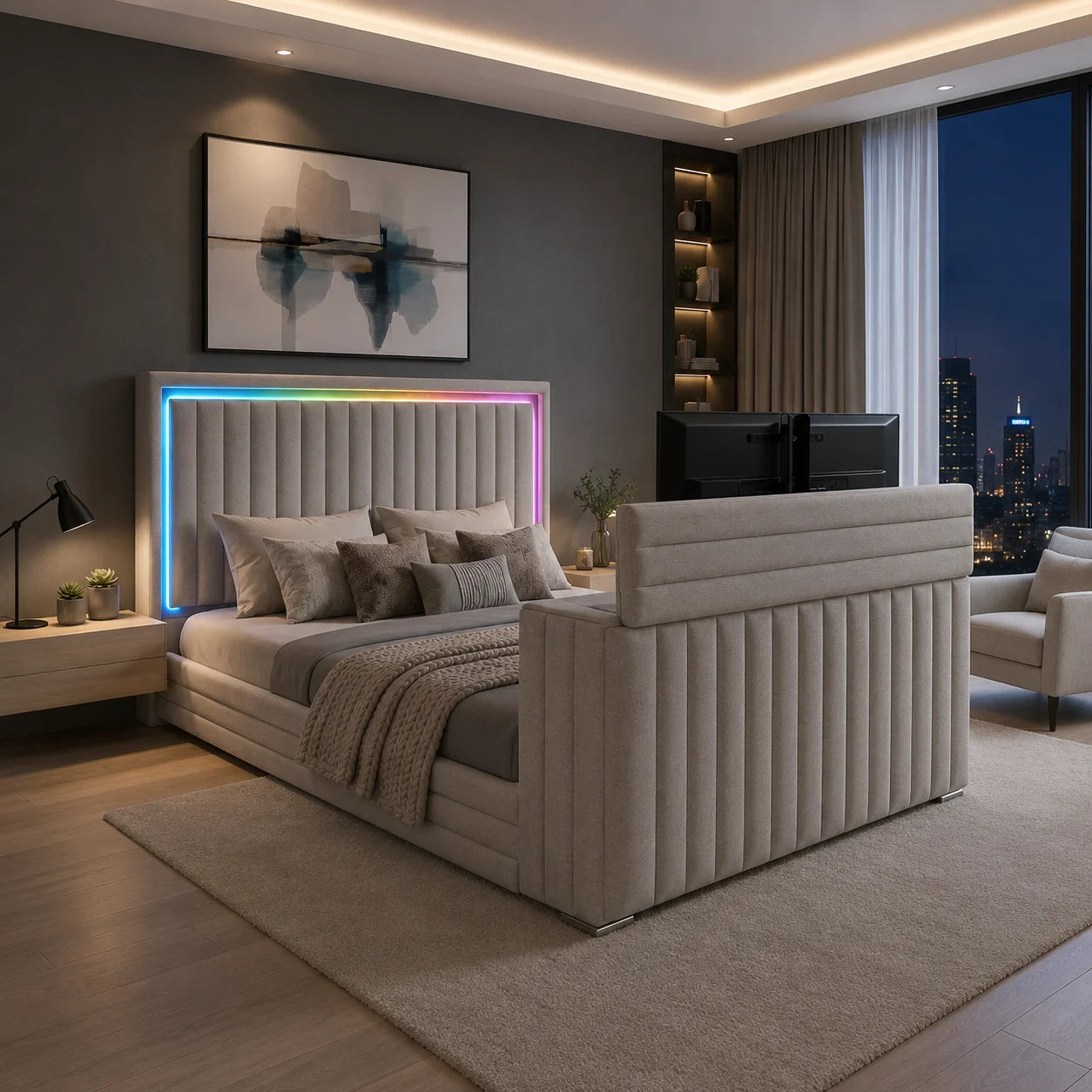 Cama Queen Elias Grey con TV Lift y Chimenea Integrada