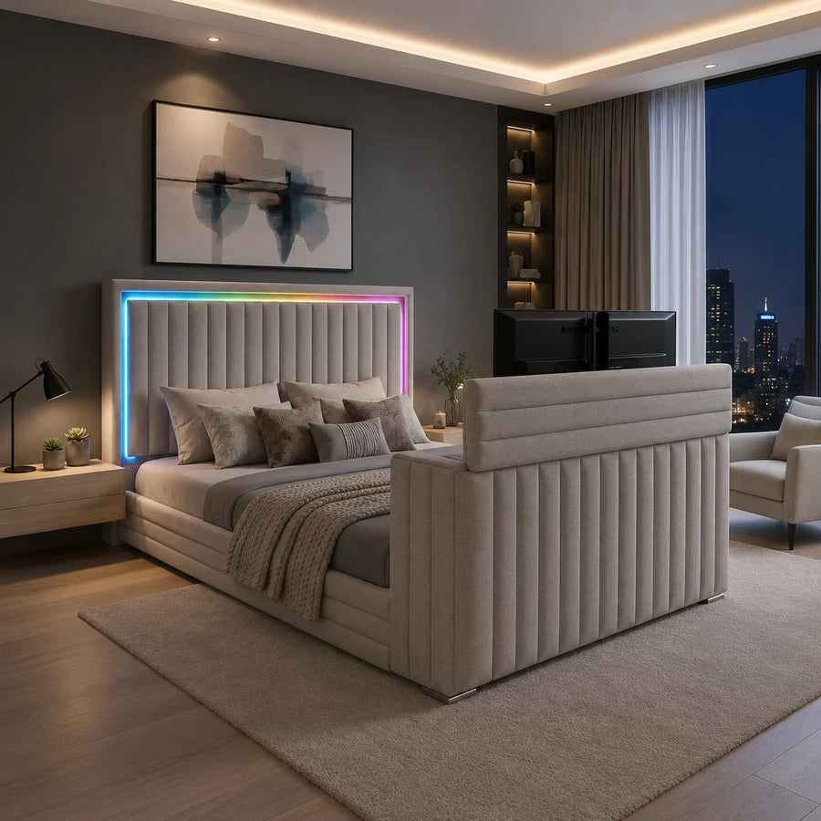 Cama Queen Elias Grey con TV Lift y Chimenea Integrada