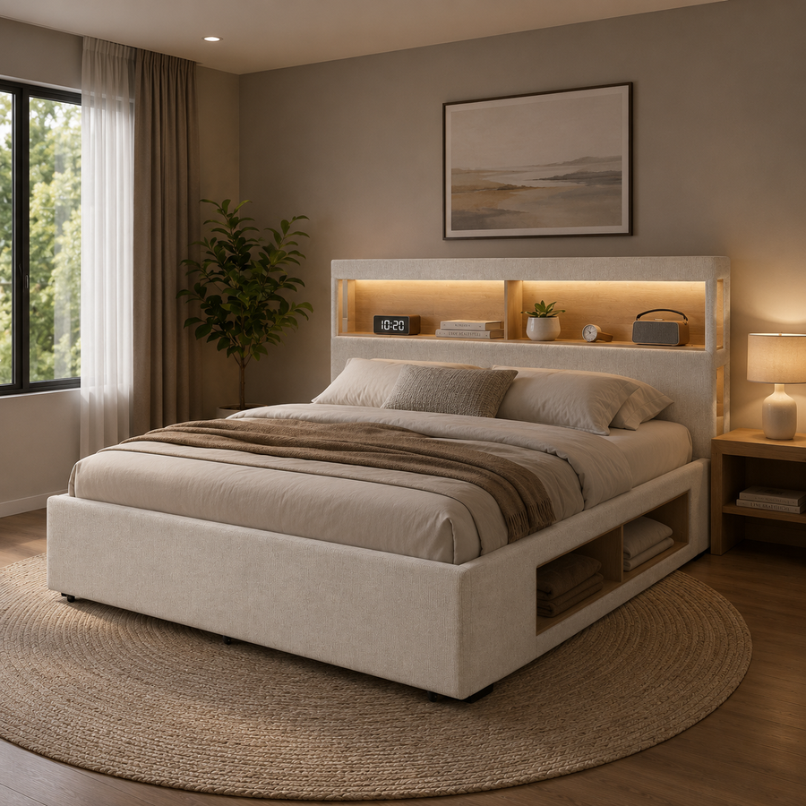 Cama Sadie Beige Queen Bed with Storage